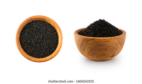 Black cumin isolated on white background. Black cumin seed in wooden bowl isolated on white background. SA pile of nigella sativa seed. Black cumin seed from different angles on white. Set of seeds. - Shutterstock ID 1606563325