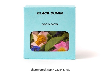 Black Cumin Medicinal Herbs In A Cardboard Box. Herbal Tea In A Gift Box