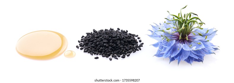 Black cumin oil. Black cumin seeds. Nigella sativa flower.  - Shutterstock ID 1735598207