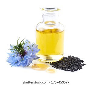 Black cumin oil with seeds on white background - Shutterstock ID 1757453597
