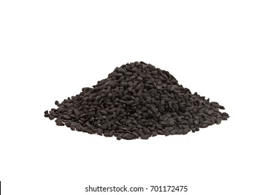 Black Cumin Seed In Wooden Scoop Isolated On White Background. Nigella Sativa