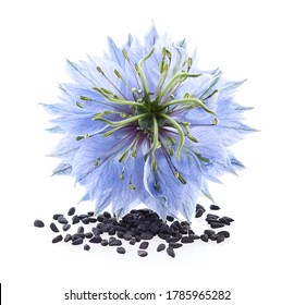 Black Cumin Seeds With Flower On White Background