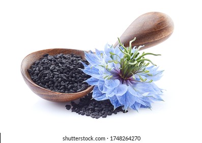 Black Cumin Seeds With Nigella Sativa Flower On White Background