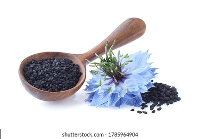 Black Cumin Seeds With Sativa Nigella Flower In Closeup 