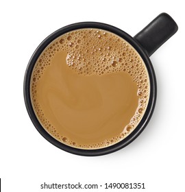 Black Cup Of Coffee With Milk Isolated On White Background, Top View