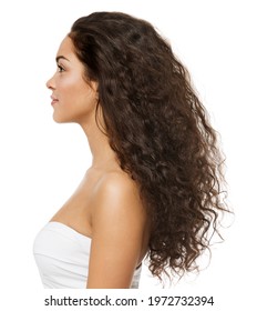 Black Curly Hair Latin Model Profile Side View Isolated White Background. Beauty Woman Afro Curls Hairstyle. Brunette Girl With Long Wavy Hair