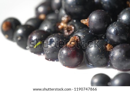Black currant, blackcurrant, blackberry. vitamin C and polyphenol phytochemicals.  They are used to make jams, jellies and syrups and are grown commercially for the juice market.