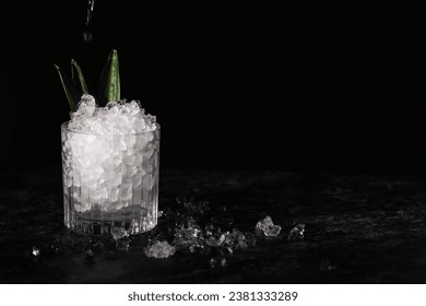 Black Currant Cocktail, with Pineapple slices and leaves for garnish. Crushed ice, black background and copy paste space - Powered by Shutterstock