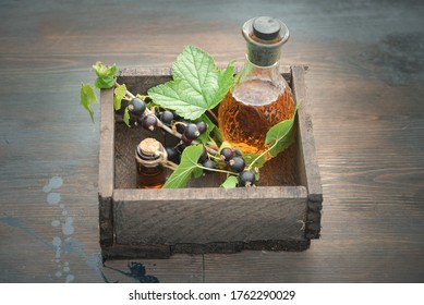 Black Currant Oil And Green Leaves On A Wooden Table Background. Herbal Medicine Concept.