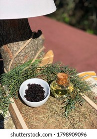 Black Currant (ribes Nigrum) In Bowl And Oil On Wood With Pine Leaves