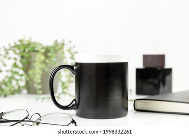 Black Dad Coffee Mug Mockup On Workplace. Cup Mock Up For Male Style Design 