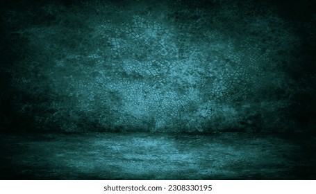 Black dark blue green horror background. Interior room. Concrete old wall, floor. Grunge. Product display. 3d rendering. Empty space. For mockup, showcase, design. Stage. Spooky creepy.Broken,cracked.
