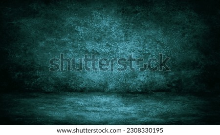 Black dark blue green horror background. Interior room. Concrete old wall, floor. Grunge. Product display. 3d rendering. Empty space. For mockup, showcase, design. Stage. Spooky creepy.Broken,cracked.