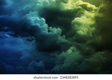 Black dark blue green teal cyan yellow sky. Color gradient. Heavy storm clouds. Light glow lightning. Dramatic skies background. Night evening.Cloudy rain wind.Scary spooky ominous.Epic fantasy mystic
