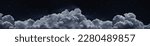 Black dark blue night sky. Stars. White cumulus clouds. Moonlight, starlight. Background. Astrology, astronomy, science fiction, fantasy, dream. Storm front. Dramatic. Wide banner. Panoramic. 