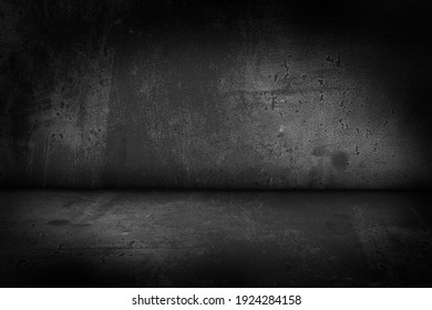 Black, Dark And Gray Abstract Cement Wall And Studio Room , Interior Texture For Display Products. Room Black Floor Is Made Of Dark Plaster For Interior Decoration Or Gym For Exercise.