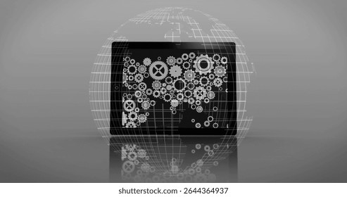 Black device displaying white gear icons forming world map on shiny surface in lab, wireframe globe. Technology, innovation, futuristic, digital, connectivity, network, interface