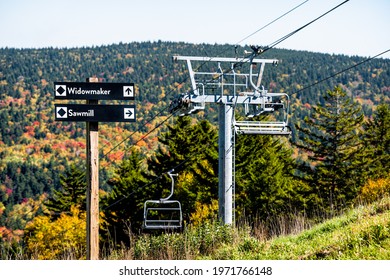 Black Diamond Ski Slopes Of Widowmaker And Sawmill With Direction Sign By Skiing Lift In Snowshoe, West Virginia At Allegheny Mountain Peak