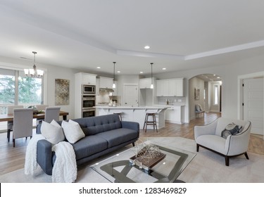 Black Diamond, WA. / USA - Jan. 10, 2019: Luxury living room, dining room and kitchen interior