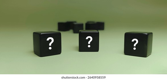 Black Dice with Question Marks Representing Uncertainty, Risk, Decision Making, and Strategic Choices in Business, Life, and Problem Solving Concept with Abstract Background. 