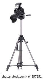 Black Digital Camera, Standing On A Tripod. Isolated On White