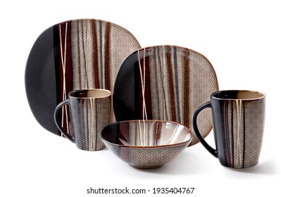Black dinner set, Cookware set on white background, Black dishware set, Black teacup set - Shutterstock ID 1935404767