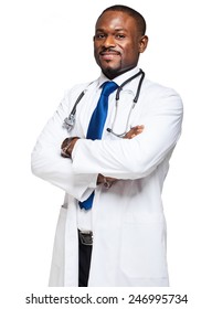 Black doctor portrait isolated on white