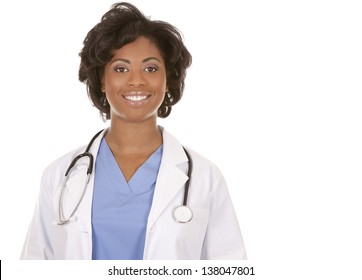Black Doctor Wearing Scrubs And Lab Coat On White Isolated Background