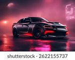 Black Dodge Charger Hellcat flexing its aggressive style on a bright neon street