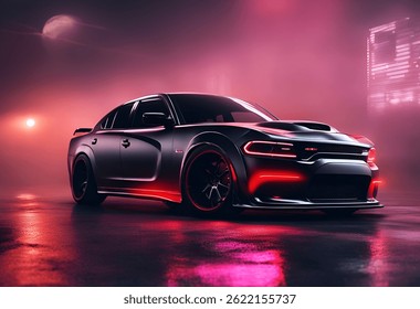 Black Dodge Charger Hellcat flexing its aggressive style on a bright neon street