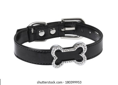 Black Dog Collar With Diamonds In Shape Of Bone 