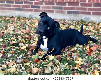 Black Dog Lying on Colorful Autumn Leaves - Powered by Shutterstock