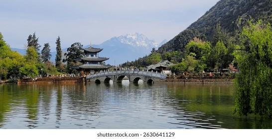 Black dragon pool with Chinese pavilion and Jade dragon snow mountain.