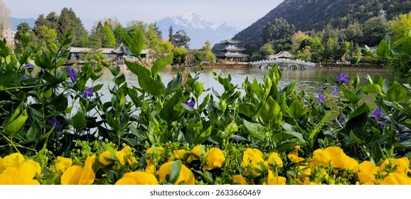 Black dragon pool with Chinese pavilion and Jade dragon snow mountain.