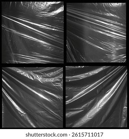 Black Draped Plastic Texture in Grid Composition, Shiny Surface wrap Folds for Abstract design Product element