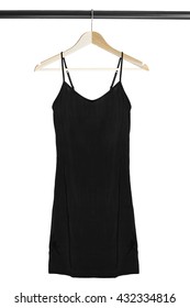 Black Dress On Wooden Clothes Rack Isolated Over White