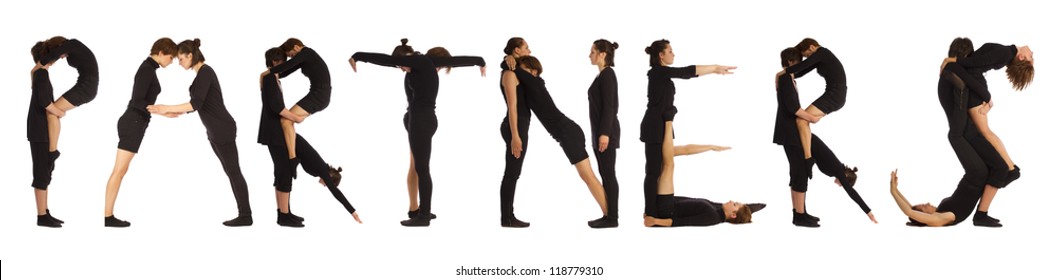 Black dressed people forming PARTNERS word over white background