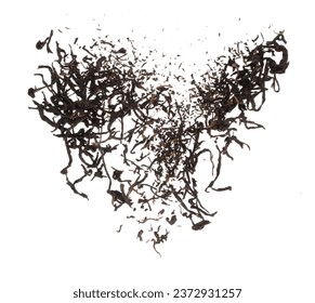 Black dried leave Tea explode. Big size tea leaf fall down, Abstract cloud fly. Brown green colored Teas splash throwing in Air. White background Isolated throwing freeze motion