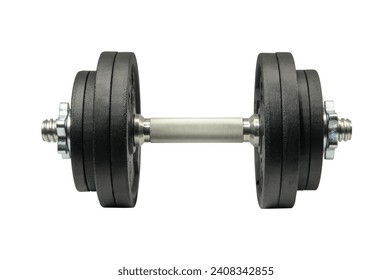 A black dumbbell with 4x 2kg and 4x 1kg weights, front studio shot isolated on white background - Powered by Shutterstock