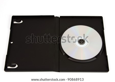 Black DVD case with a silver disc in front of a white background