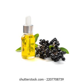 Black Elderberry Oil Isolated. Sambucus Berries Essential Oil, Danewort Fruits Extract, Elderberry Extraction, Wild Organic Elder Berry Infusion On White Background