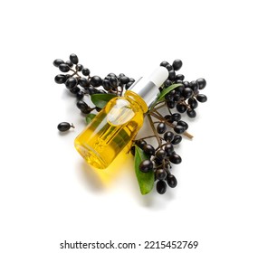 Black Elderberry Oil Isolated. Sambucus Berries Essential Oil, Danewort Fruits Extract, Elderberry Extraction, Wild Organic Elder Berry Infusion On White Background