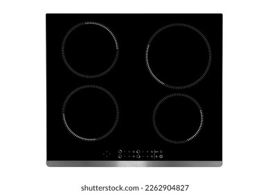 black electric hob with white burners and touch control buttons. isolated on white