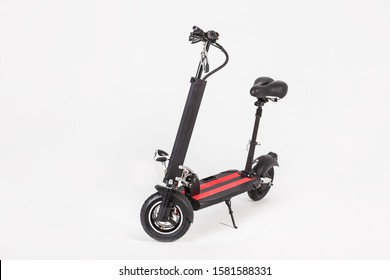 Black Electric Kick Scooter With Seat On White Background