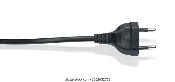 Black electric power cable with plug  250 volt isolated on white background.