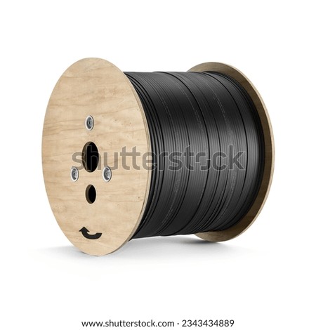 Black electric wire cable on wooden coil or spool isolated on white with shadow