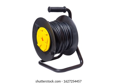 Black electrical extension cord on a take-up reel with four sock