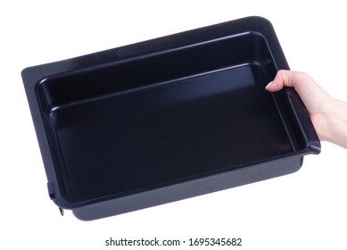 Black Empty Baking Dish In Hand On White Background Isolation