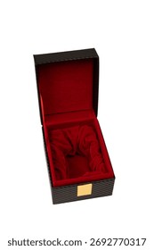 Black empty box covered with red velvet isolated on a white background. 