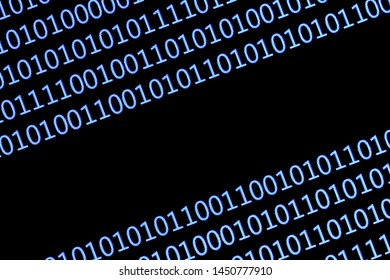 Black empty copy space between numbers on computer screen. Blue binary code. Closeup photography with visible pixels.